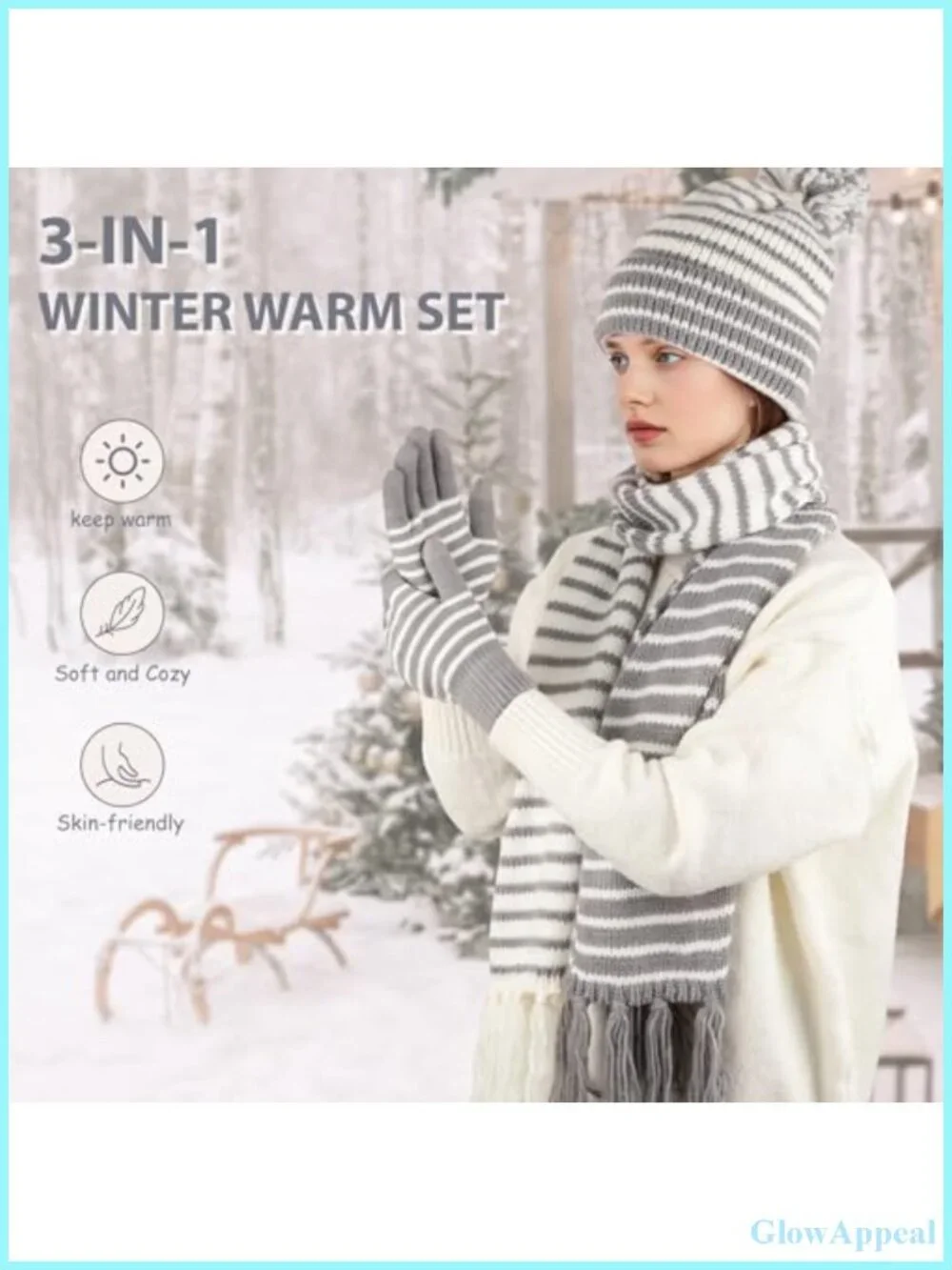 Acrylic Winter Hat Scarf Gloves Set for Women Touchscreen Knit Pompom Beanie